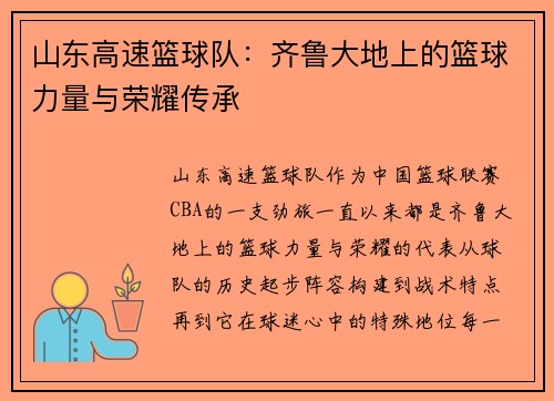 山东高速篮球队：齐鲁大地上的篮球力量与荣耀传承