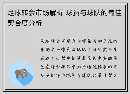 足球转会市场解析 球员与球队的最佳契合度分析